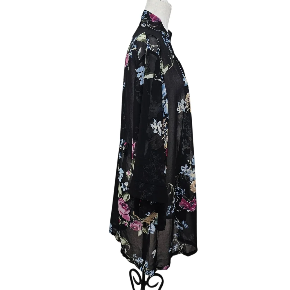 helena Quinn Georgette Kimono Coverup Sheer Black Floral One Size Fits All - Picture 6 of 16